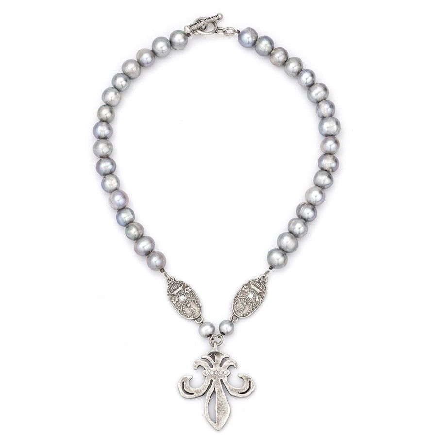 Jewelry french kande | Silver Pearl Necklace W/Grand Fleur Medallion