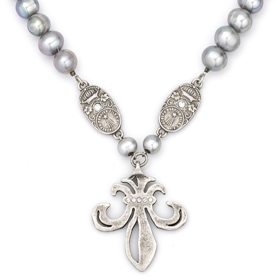 Jewelry french kande | Silver Pearl Necklace W/Grand Fleur Medallion