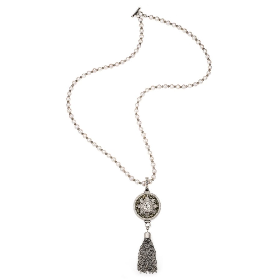 Jewelry french kande | 34" White Pearl Labrodite W/ Medallion & Tassel