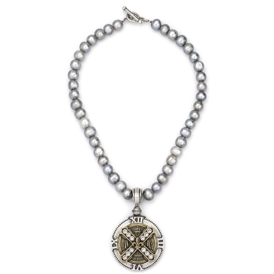 Jewelry french kande | Silver Pearl Necklace With Cuvee Bezel Medallion