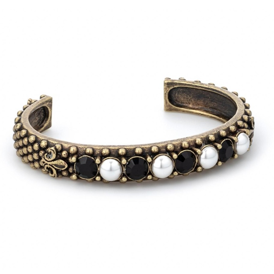 Jewelry french kande | Brass Pearl & Jet Austrian Crystal Bangle