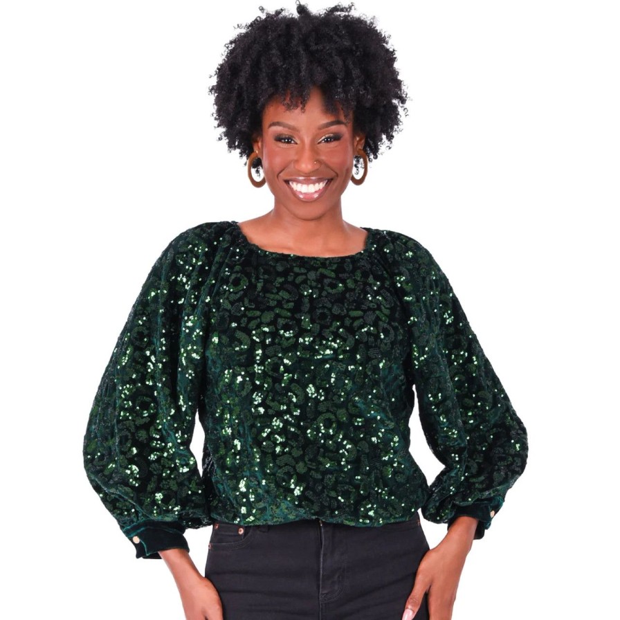 Apparel emily mccarthy | Celeste Crop Green Sequin Cheetah