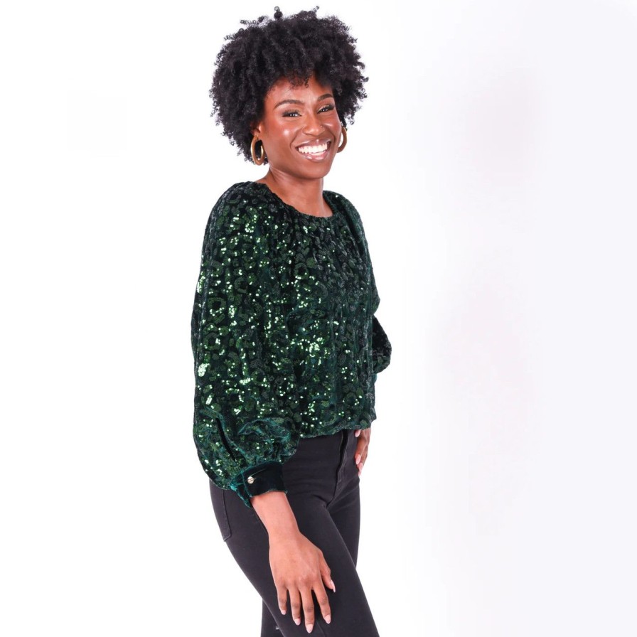 Apparel emily mccarthy | Celeste Crop Green Sequin Cheetah