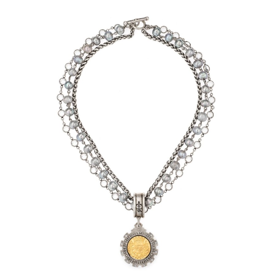 Jewelry french kande | 17" Silver Freshwater Pearl Linkage W/Silver Chanel Set Mini Gustave Medallion